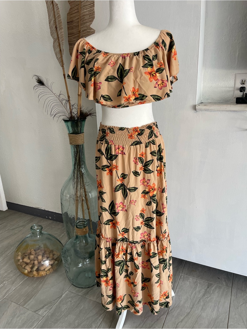 Floral Tiered Maxi Skirt in Peach - Women Skirt